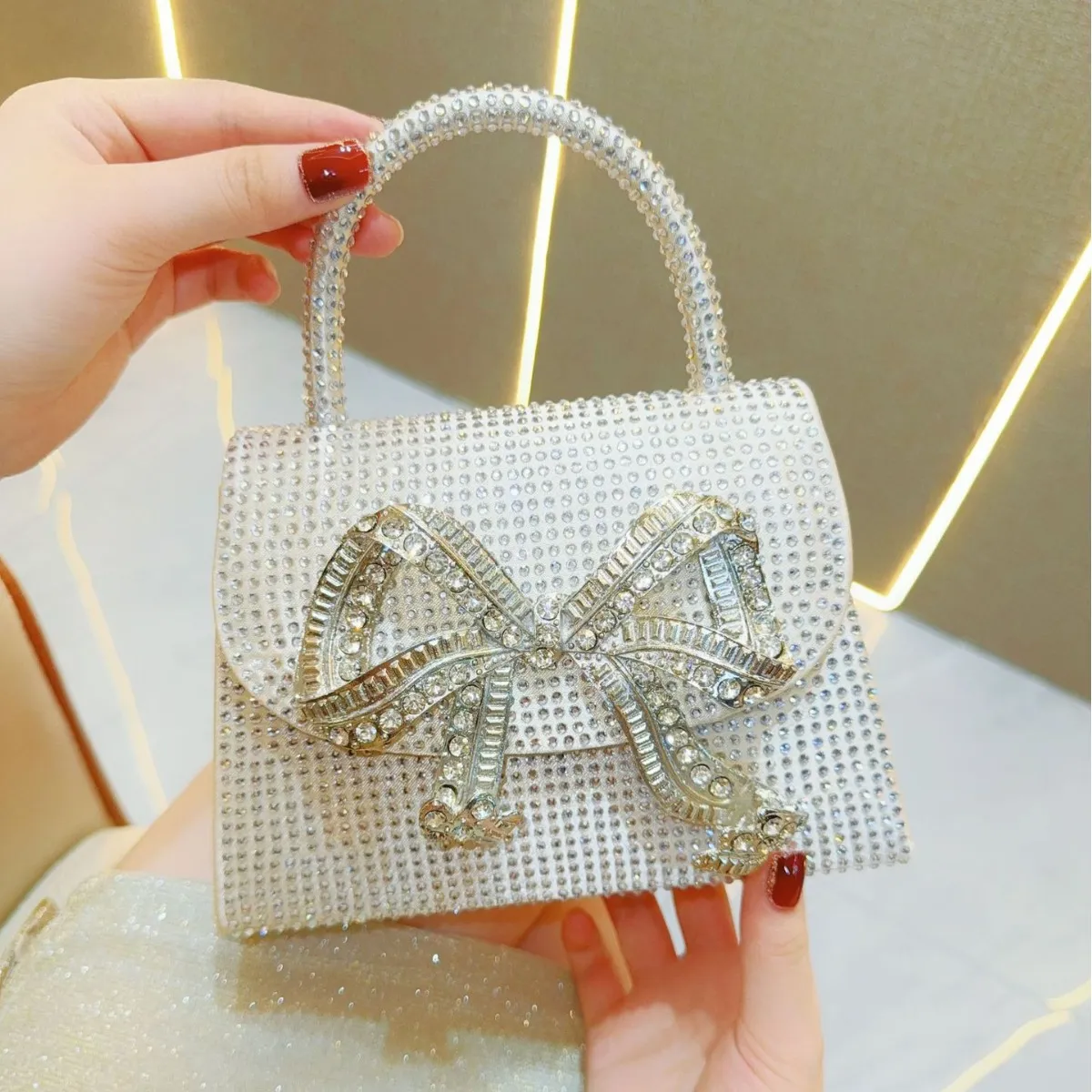 Women Rhinestone Square Bow Flap Handle Evening Bag