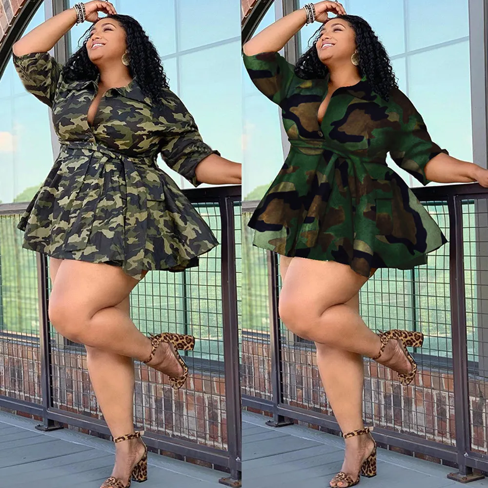 Summer Women Fashion Plus Size Deep V Camouflage Printed Strap Dress