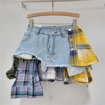 Women Irregular Denim Skirt Plaid Printed Street Hipster