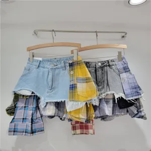 Women Irregular Denim Skirt Plaid Printed Street Hipster