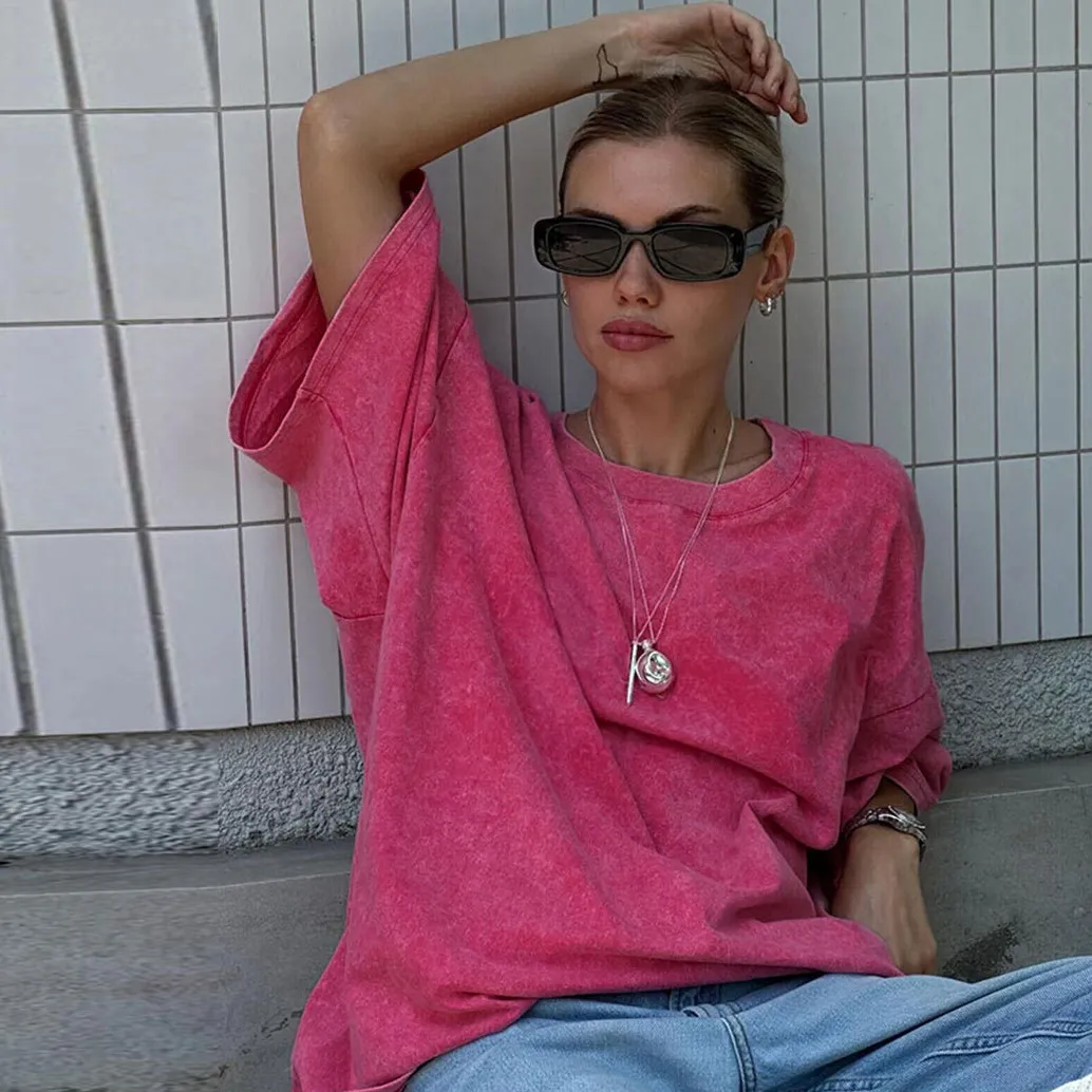 Women Casual Solid Color Loose Short Sleeve Cotton T-Shirt