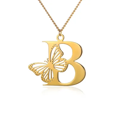 Fashion Stainless Steel Hollow Butterfly Alphabet Letter Necklace for Women
