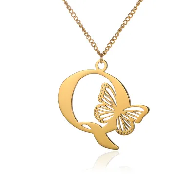 Fashion Stainless Steel Hollow Butterfly Alphabet Letter Necklace for Women