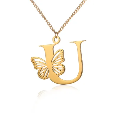 Fashion Stainless Steel Hollow Butterfly Alphabet Letter Necklace for Women
