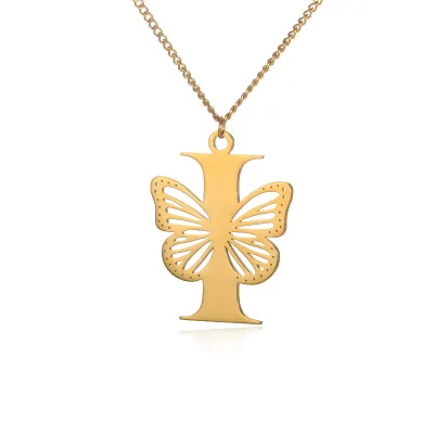 Fashion Stainless Steel Hollow Butterfly Alphabet Letter Necklace for Women