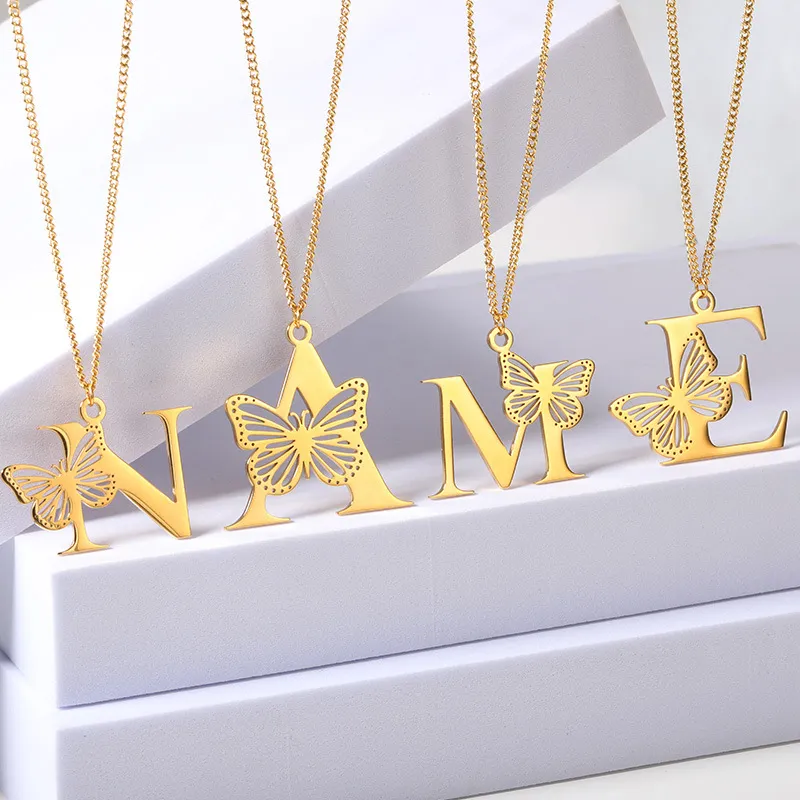 Fashion Stainless Steel Hollow Butterfly Alphabet Letter Necklace for Women