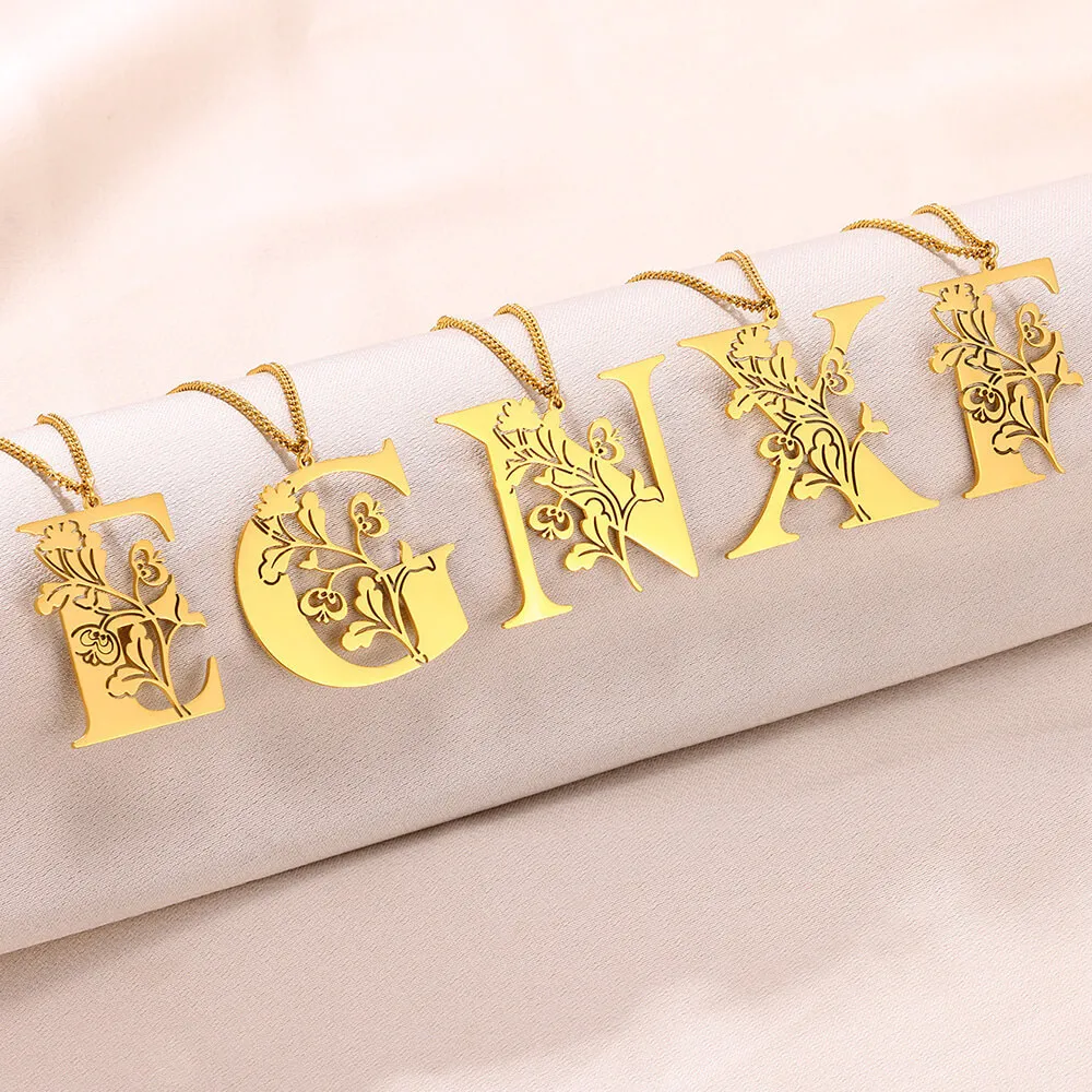 Creative Fashion Stainless Steel Letter Alphabet Floral Necklace