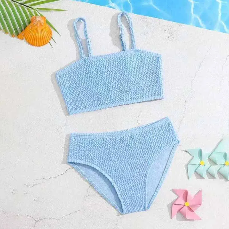 Kids Baby Girls Fashion Casual Solid Color Rib-Knit Tankinis Swimwear