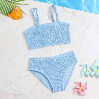 Kids Baby Girls Fashion Casual Solid Color Rib-Knit Tankinis Swimwear