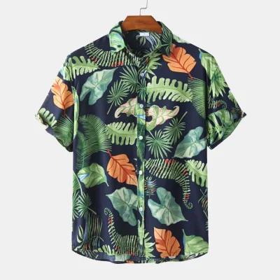 Men Fashion Casual Slim Fit Floral Print Short Sleeve Pointed Collar Shirt