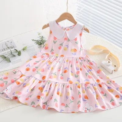 Kids Toddler Big Girls Casual Sweet Tiny Floral Print Sleeveless Summer Dress