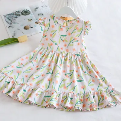 Kids Toddler Big Girls Casual Sweet Tiny Flower Print Sleeveless Cotton Silk Bohemian Dress