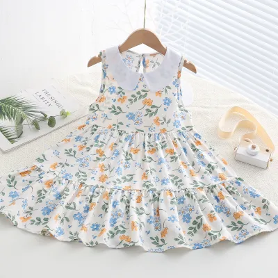 Kids Toddler Big Girls Casual Sweet Tiny Flower Print Sleeveless Dress with Cake Skirt