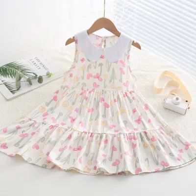 Kids Toddler Big Girls Casual Sweet Tiny Flower Print Sleeveless Dress with Cake Skirt