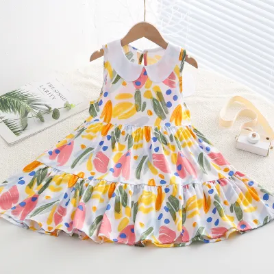 Kids Toddler Big Girls Casual Sweet Tiny Flower Print Sleeveless Dress with Cake Skirt
