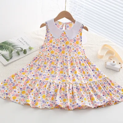 Kids Toddler Big Girls Casual Sweet Tiny Flower Print Sleeveless Dress with Cake Skirt