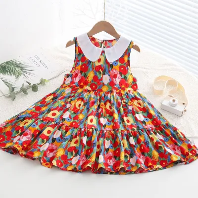 Kids Toddler Big Girls Casual Sweet Tiny Flower Print Sleeveless Dress with Cake Skirt