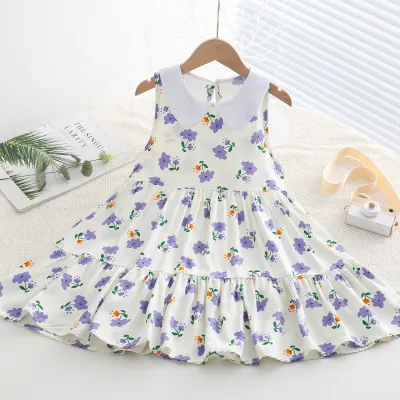 Kids Toddler Big Girls Casual Sweet Tiny Flower Print Sleeveless Dress with Cake Skirt