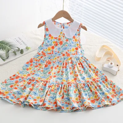 Kids Toddler Big Girls Casual Sweet Tiny Flower Print Sleeveless Dress with Cake Skirt