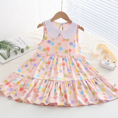 Kids Toddler Big Girls Casual Sweet Tiny Flower Print Sleeveless Dress with Cake Skirt