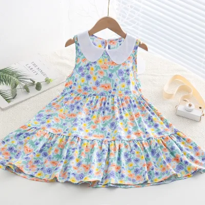 Kids Toddler Big Girls Casual Sweet Tiny Flower Print Sleeveless Dress with Cake Skirt