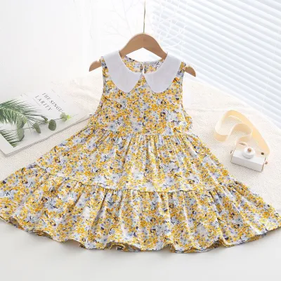 Kids Toddler Big Girls Casual Sweet Tiny Flower Print Sleeveless Dress with Cake Skirt