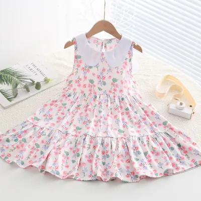 Kids Toddler Big Girls Casual Sweet Tiny Flower Print Sleeveless Dress with Cake Skirt
