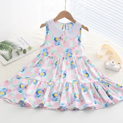 Kids Toddler Big Girls Casual Sweet Tiny Flower Print Sleeveless Dress with Cake Skirt