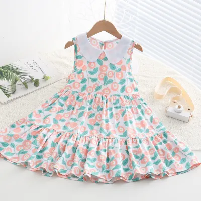Kids Toddler Big Girls Casual Sweet Tiny Flower Print Sleeveless Dress with Cake Skirt