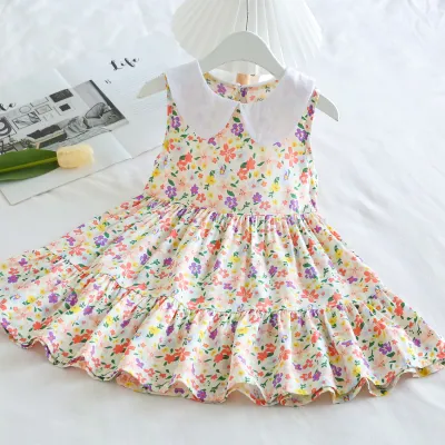Kids Toddler Big Girls Casual Sweet Tiny Flower Print Sleeveless Dress with Cake Skirt