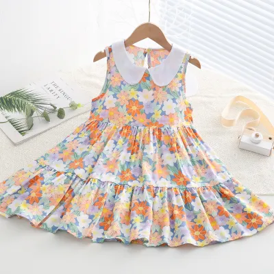 Kids Toddler Big Girls Casual Sweet Tiny Flower Print Sleeveless Dress with Cake Skirt