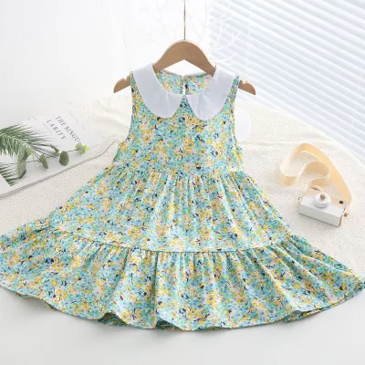 Kids Toddler Big Girls Casual Sweet Tiny Flower Print Sleeveless Dress with Cake Skirt