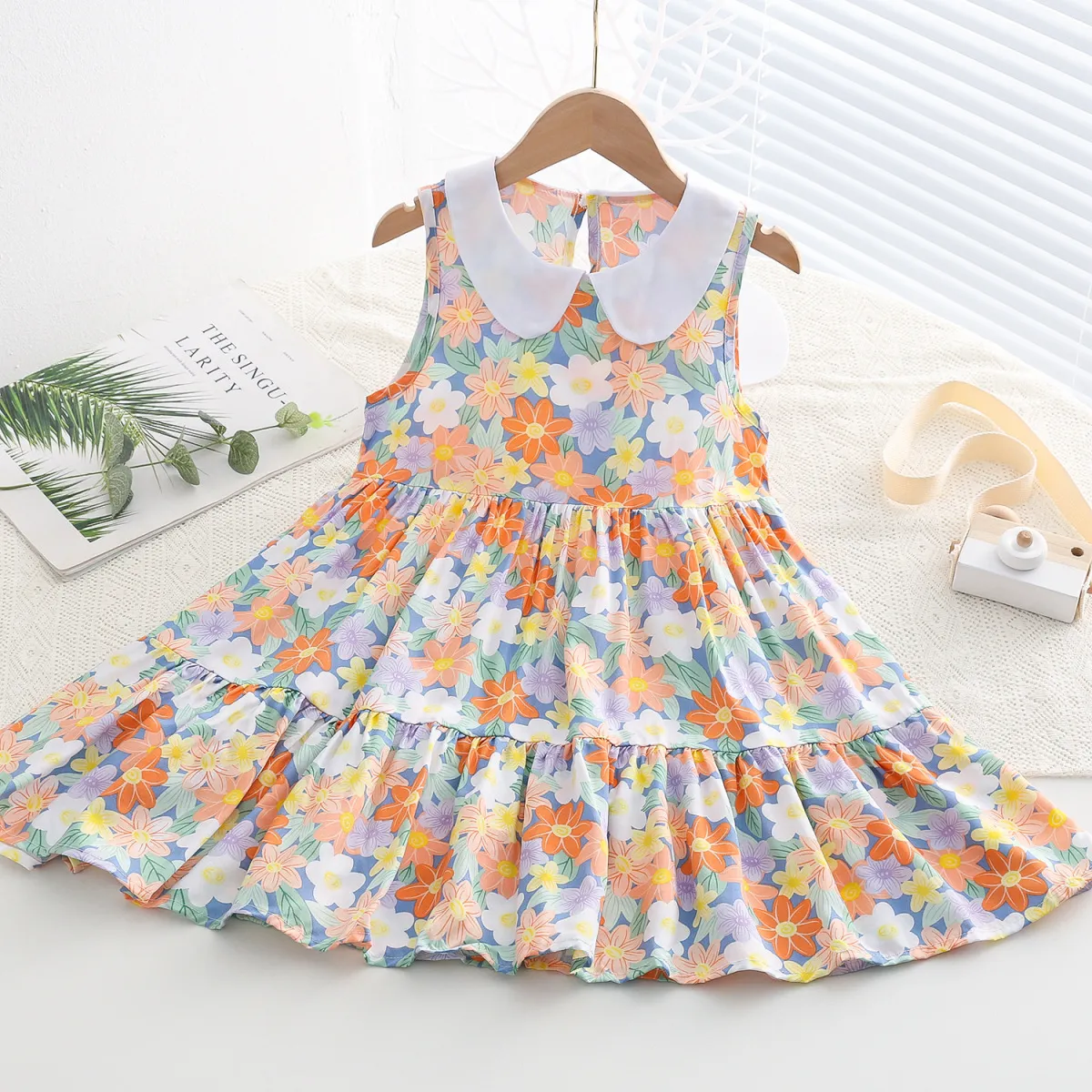 Kids Toddler Big Girls Casual Sweet Tiny Flower Print Sleeveless Dress with Cake Skirt