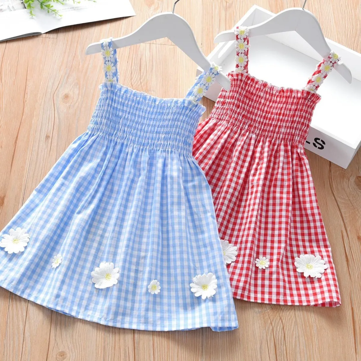 Kids Toddler Girls Casual Cute Flower Plaid Print Strap A-Line Cotton Dress