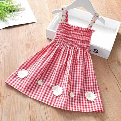 Kids Toddler Girls Casual Cute Flower Plaid Print Strap A-Line Cotton Dress