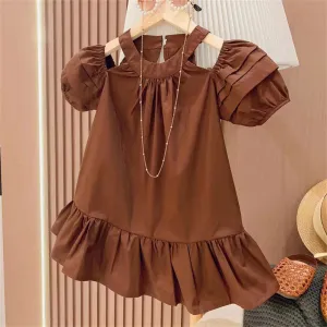 Kids Toddler Girls Casual Cute Solid Color Puff Sleeve Short Dress