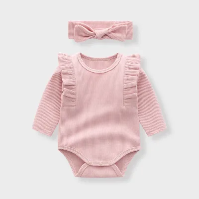 Kids Baby Boys Girls Casual Cute Solid Color Rib-Knit Long Sleeve Triangle Climb Romper