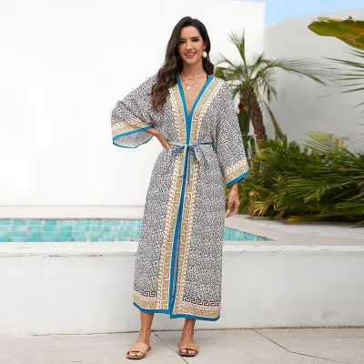 Women Fashion Casual Vacation Beach V-Neck Graphic Printing Loose Swimwear Cover-Ups
