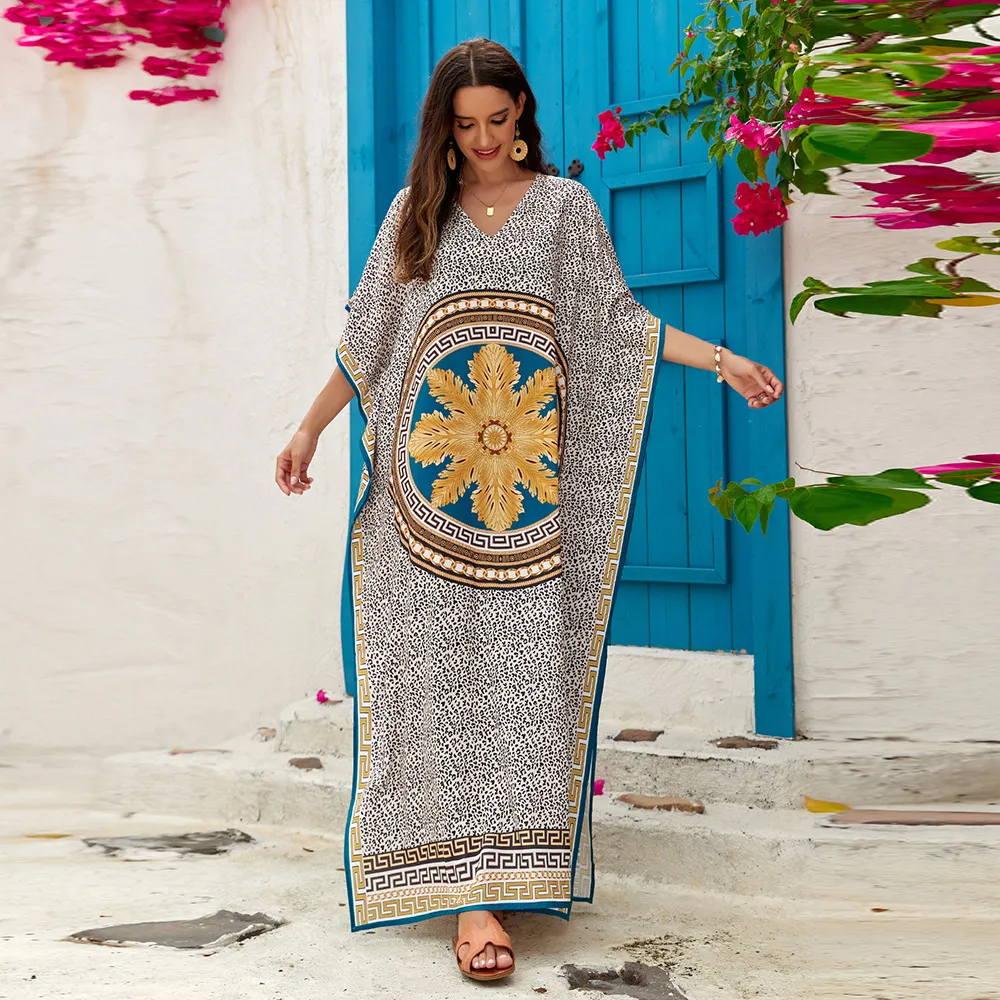 Women Fashion Casual Vacation Beach V-Neck Graphic Printing Loose Swimwear Cover-Ups