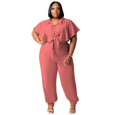 Summer Women Fashion Casual Plus Size Solid Color Button Lace-Up Short Sleeve Top Pants Two-Piece Set