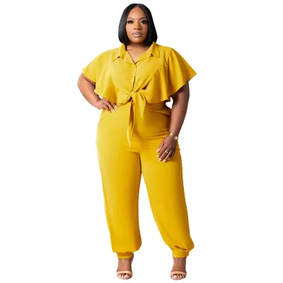 Summer Women Fashion Casual Plus Size Solid Color Button Lace-Up Short Sleeve Top Pants Two-Piece Set