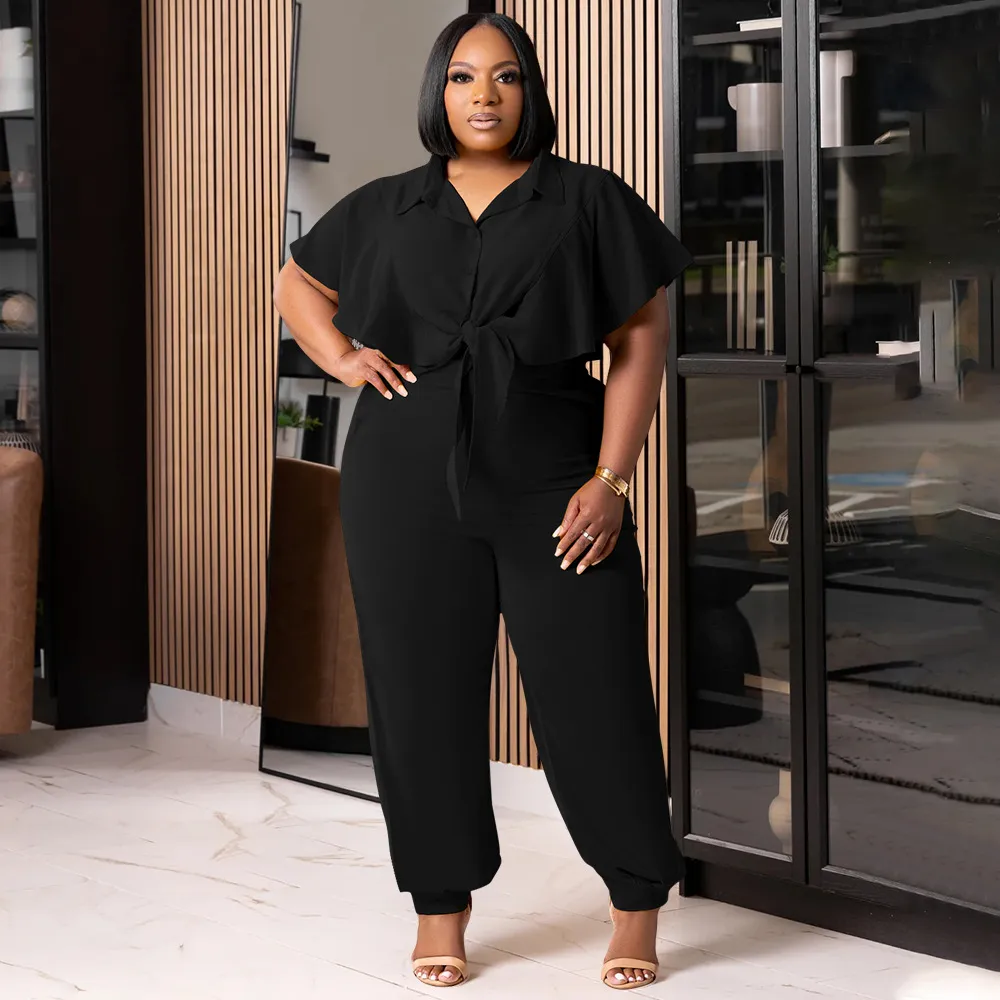 Summer Women Fashion Casual Plus Size Solid Color Button Lace-Up Short Sleeve Top Pants Two-Piece Set