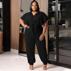 Summer Women Fashion Casual Plus Size Solid Color Button Lace-Up Short Sleeve Top Pants Two-Piece Set
