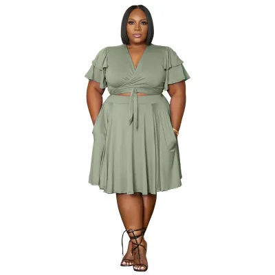 Women Plus Size V-Neck Lace-Up Short Sleeve Top Pocket Skirt Two-Piece Set