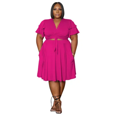 Women Plus Size V-Neck Lace-Up Short Sleeve Top Pocket Skirt Two-Piece Set