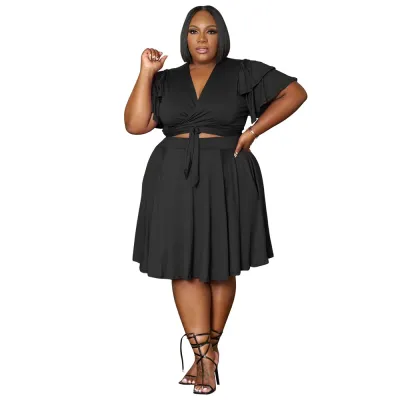 Women Plus Size V-Neck Lace-Up Short Sleeve Top Pocket Skirt Two-Piece Set