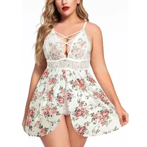 Summer Women Fashion Sexy Plus Size Floral Printed Sling Sleepwear