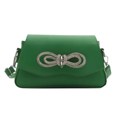 Women Fashion Rhinestone Bow Trim Flap Magnetic Buckle Square Crossbody Bag