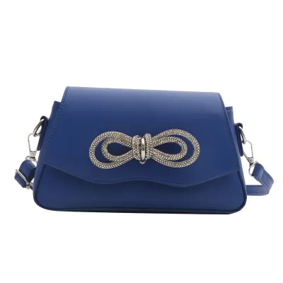 Women Fashion Rhinestone Bow Trim Flap Magnetic Buckle Square Crossbody Bag