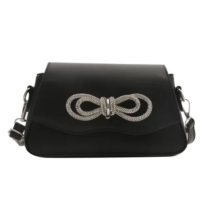 Women Fashion Rhinestone Bow Trim Flap Magnetic Buckle Square Crossbody Bag